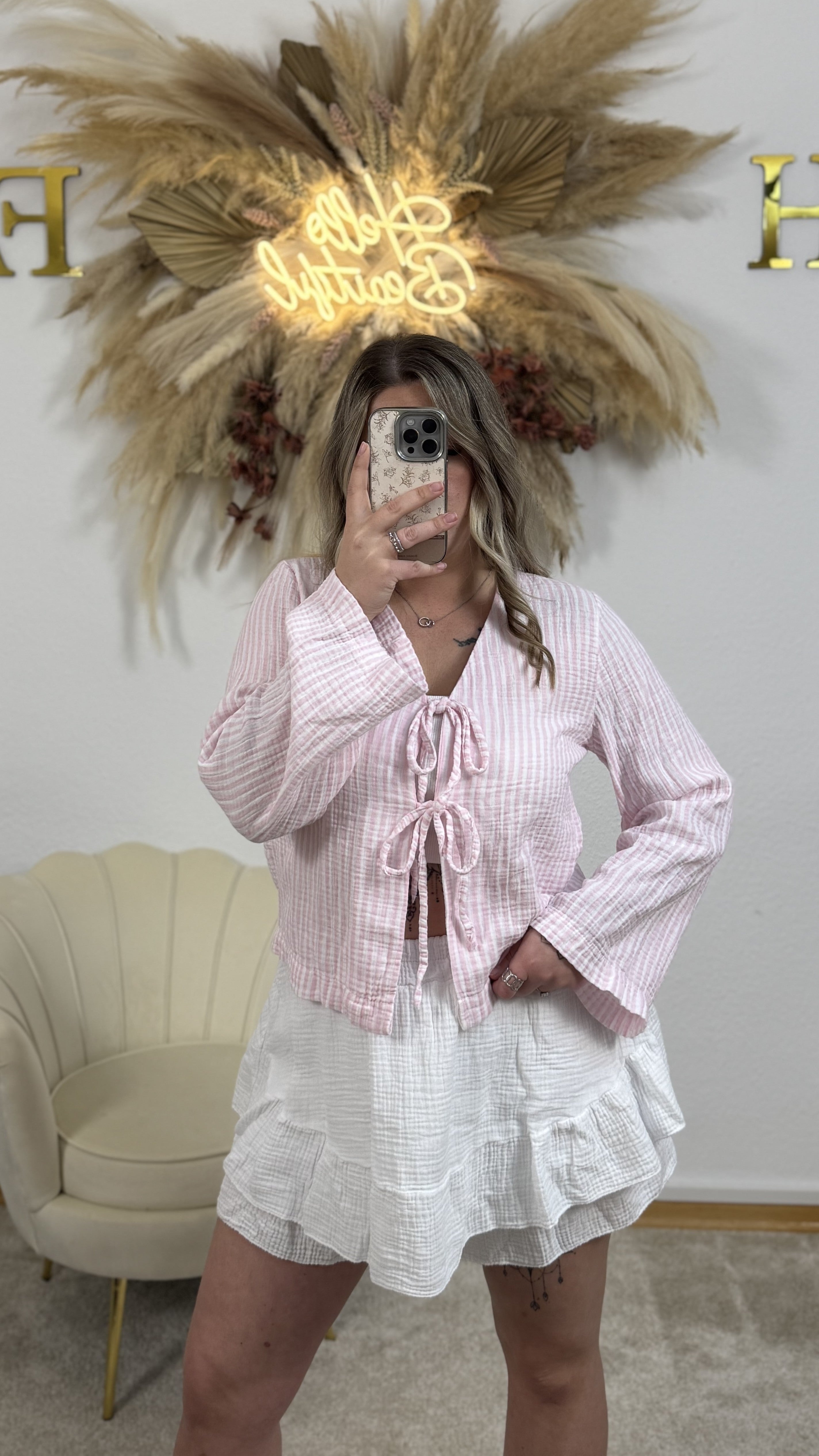 Musselin Schleifen Bluse Stripes | Weiß/Rosa