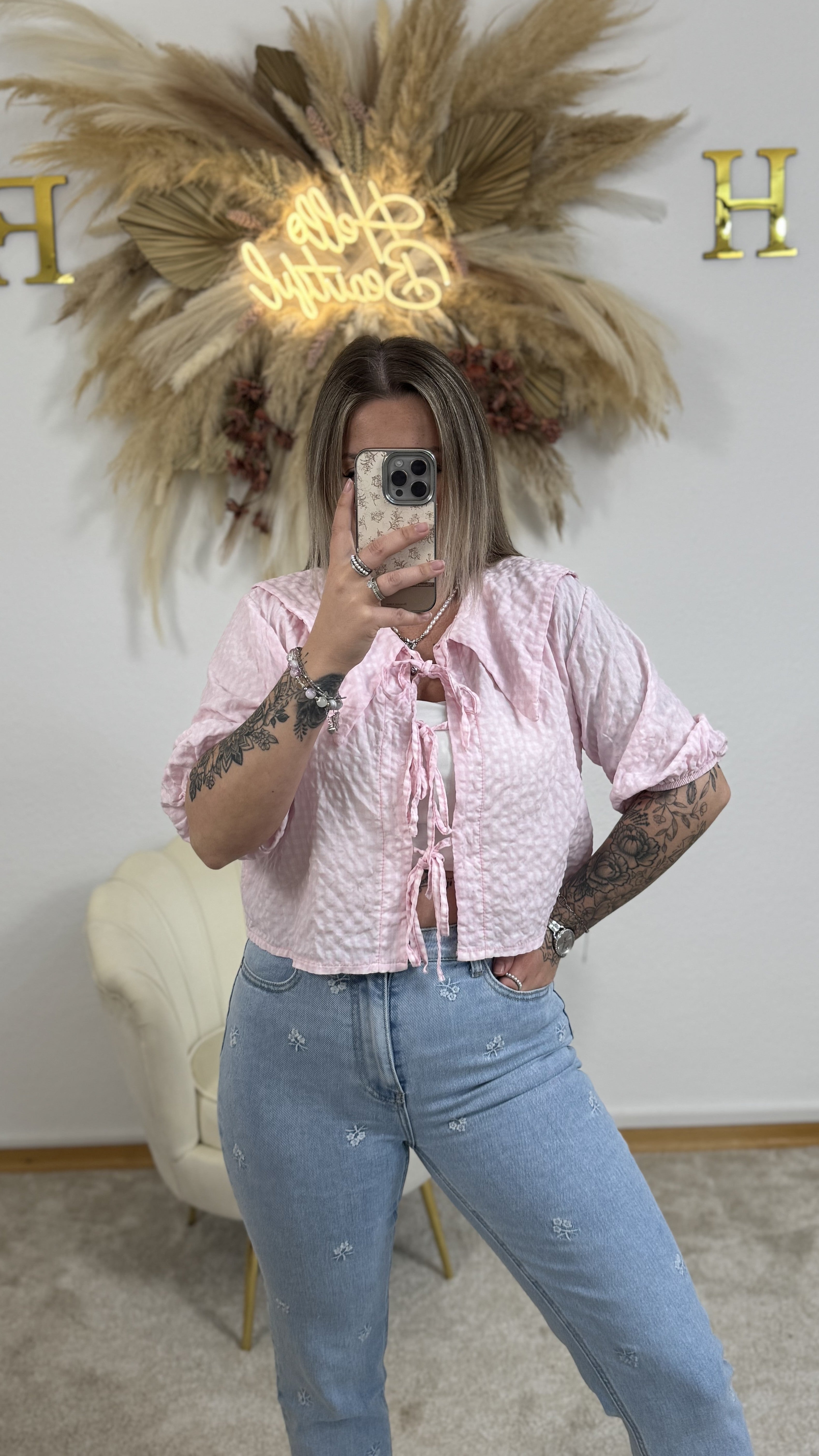 Caro Bluse 3/4 Arm | Rosa/Weiß