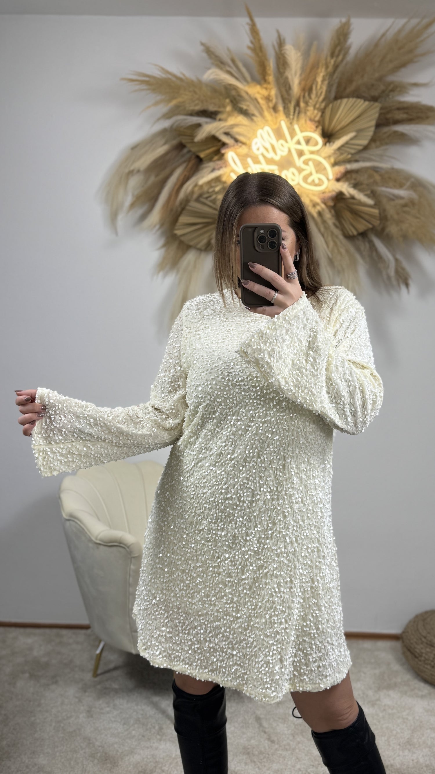 Paillettenkleid mit Schwarzer Schleife | Weiß/Schwarz