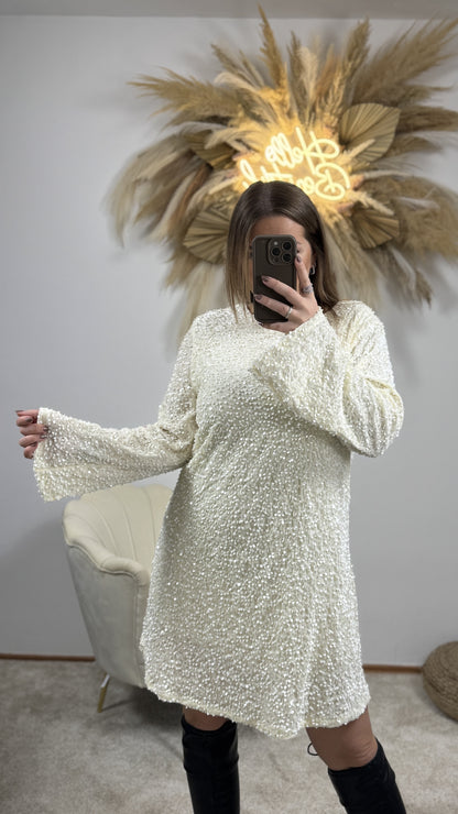 Paillettenkleid mit Schwarzer Schleife | Weiß/Schwarz