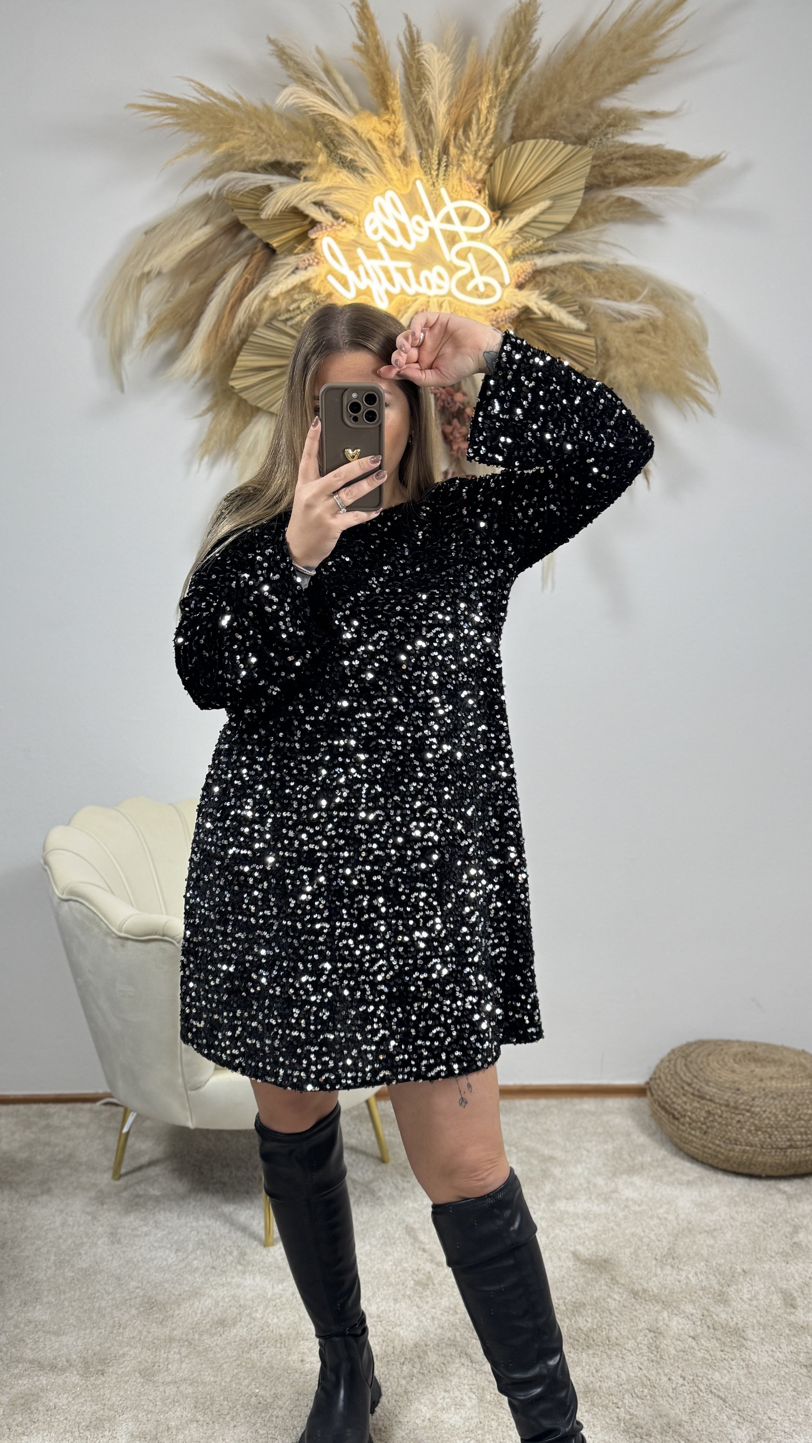 Paillettenkleid mit Schwarzer Schleife | Schwarz