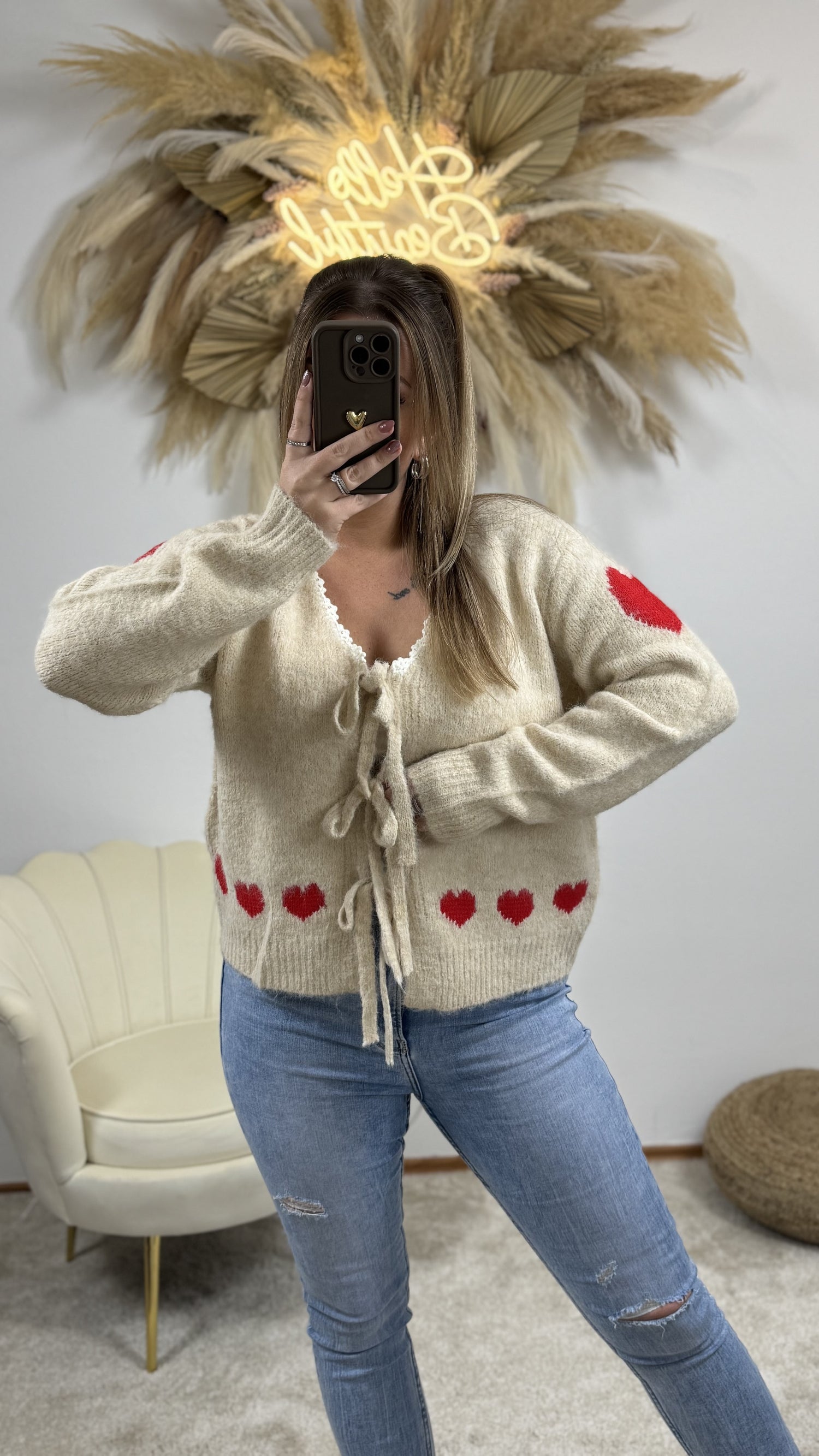 Schleifen Cardigan Love | Beige/Rot