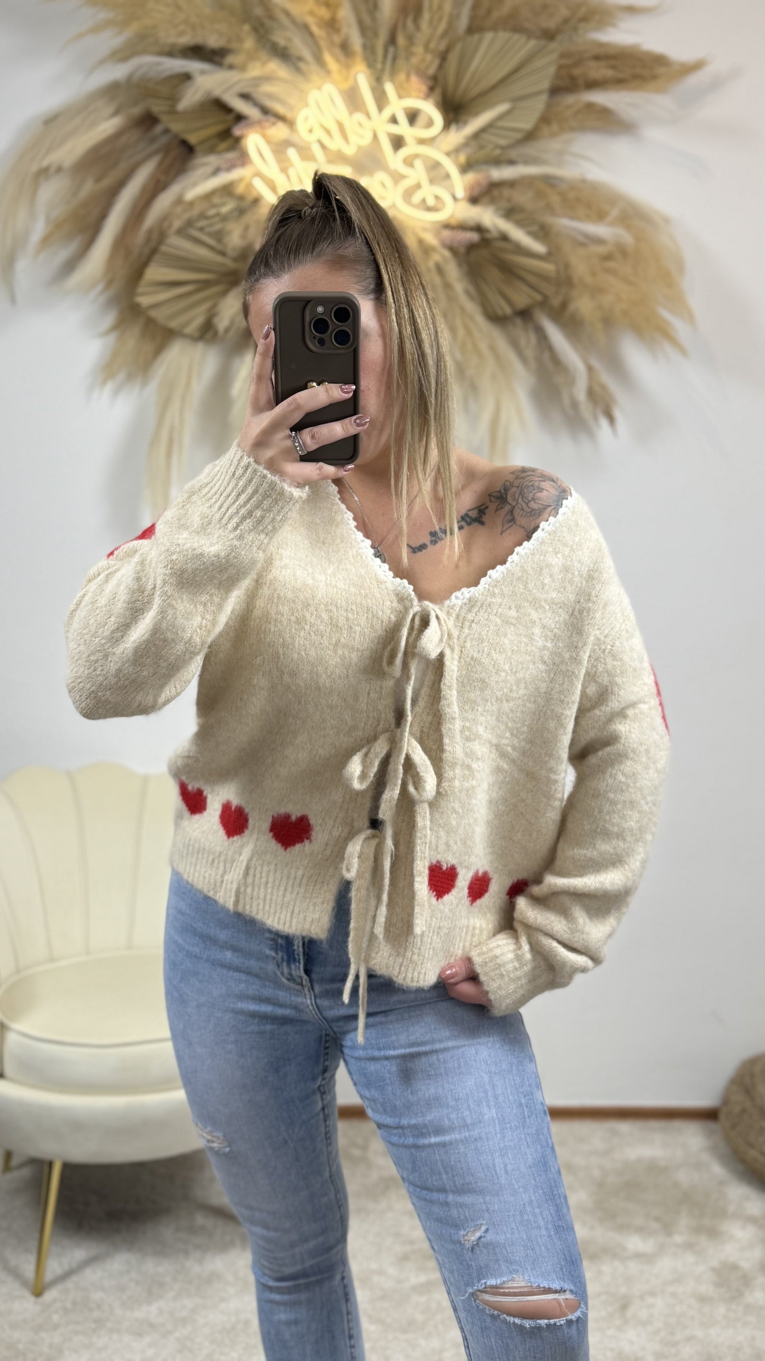 Schleifen Cardigan Love | Beige/Rot