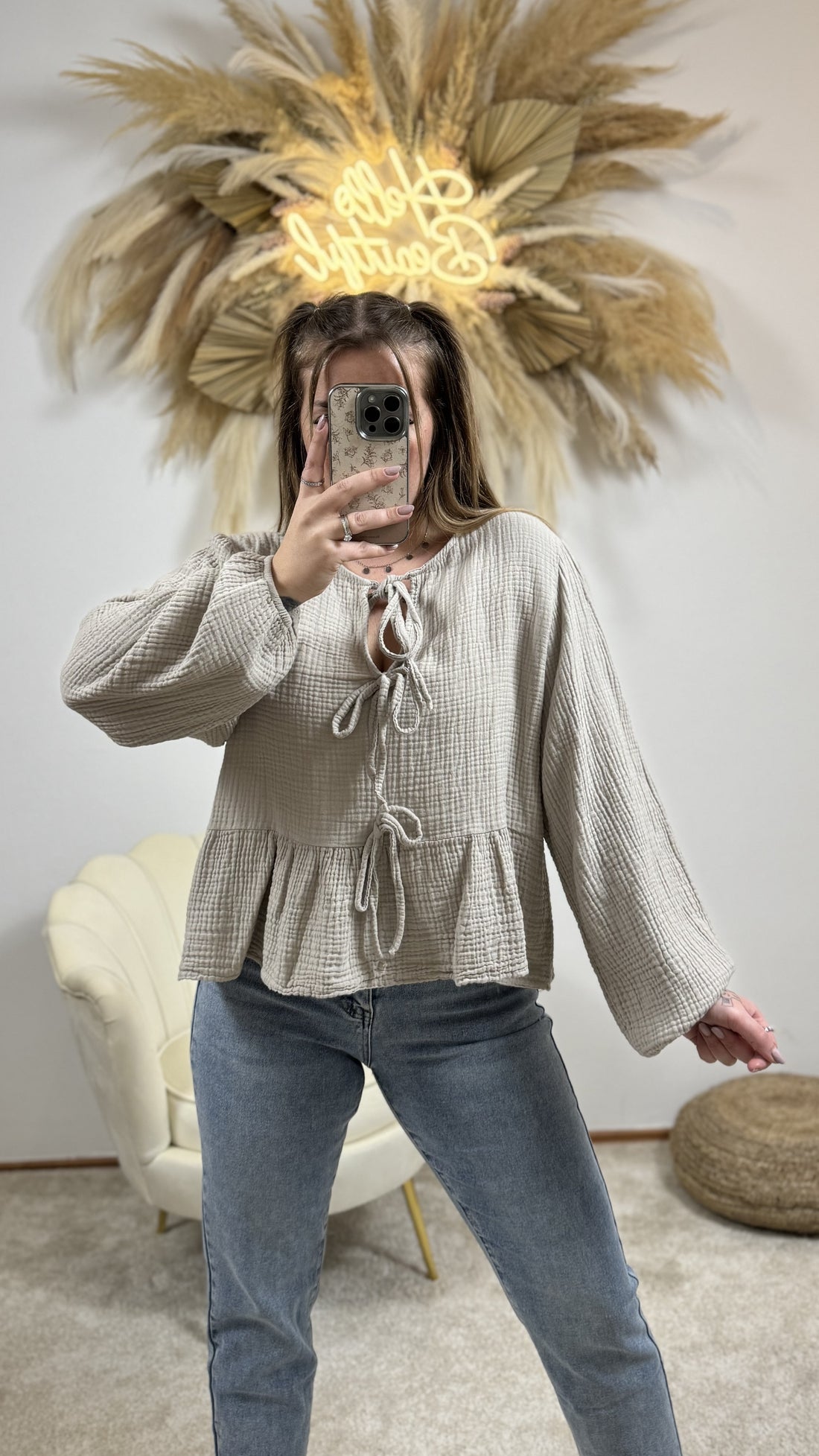 Musselin Schleifen Bluse Volant | Beige