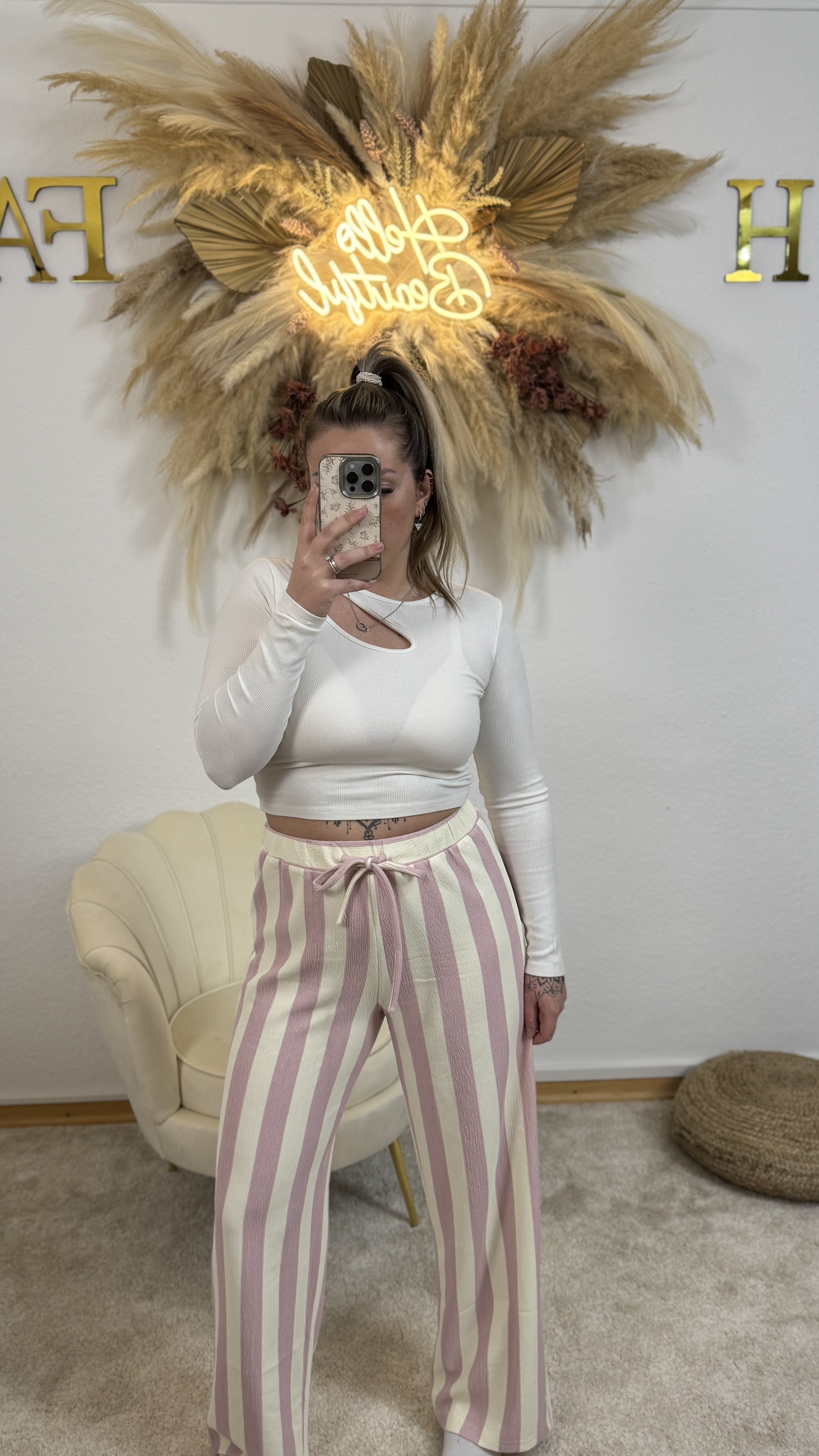 Stoffhose | Weiß/Rosa