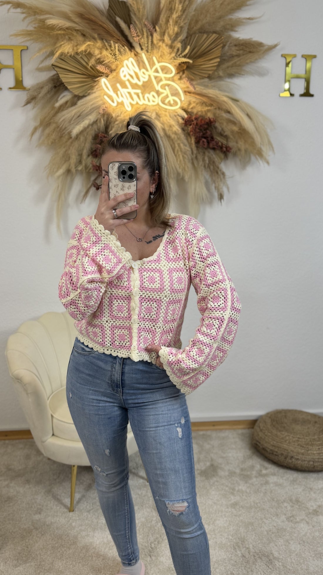 Häkel Summer Vibes Cardigan | Creme/Rosa