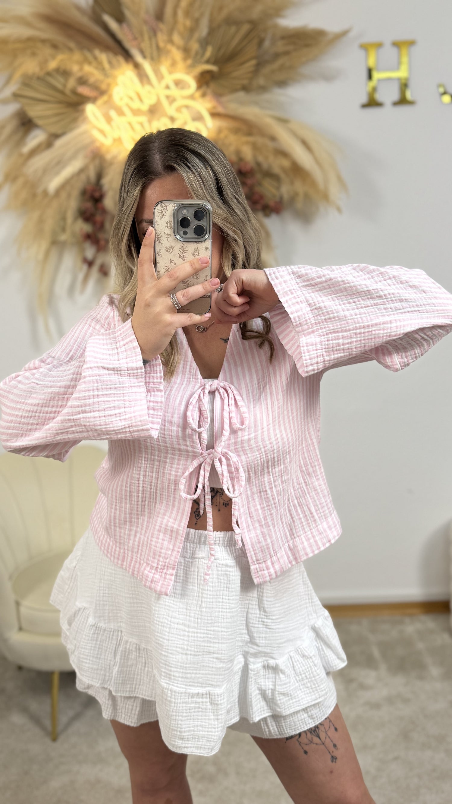 Musselin Schleifen Bluse Stripes | Weiß/Rosa