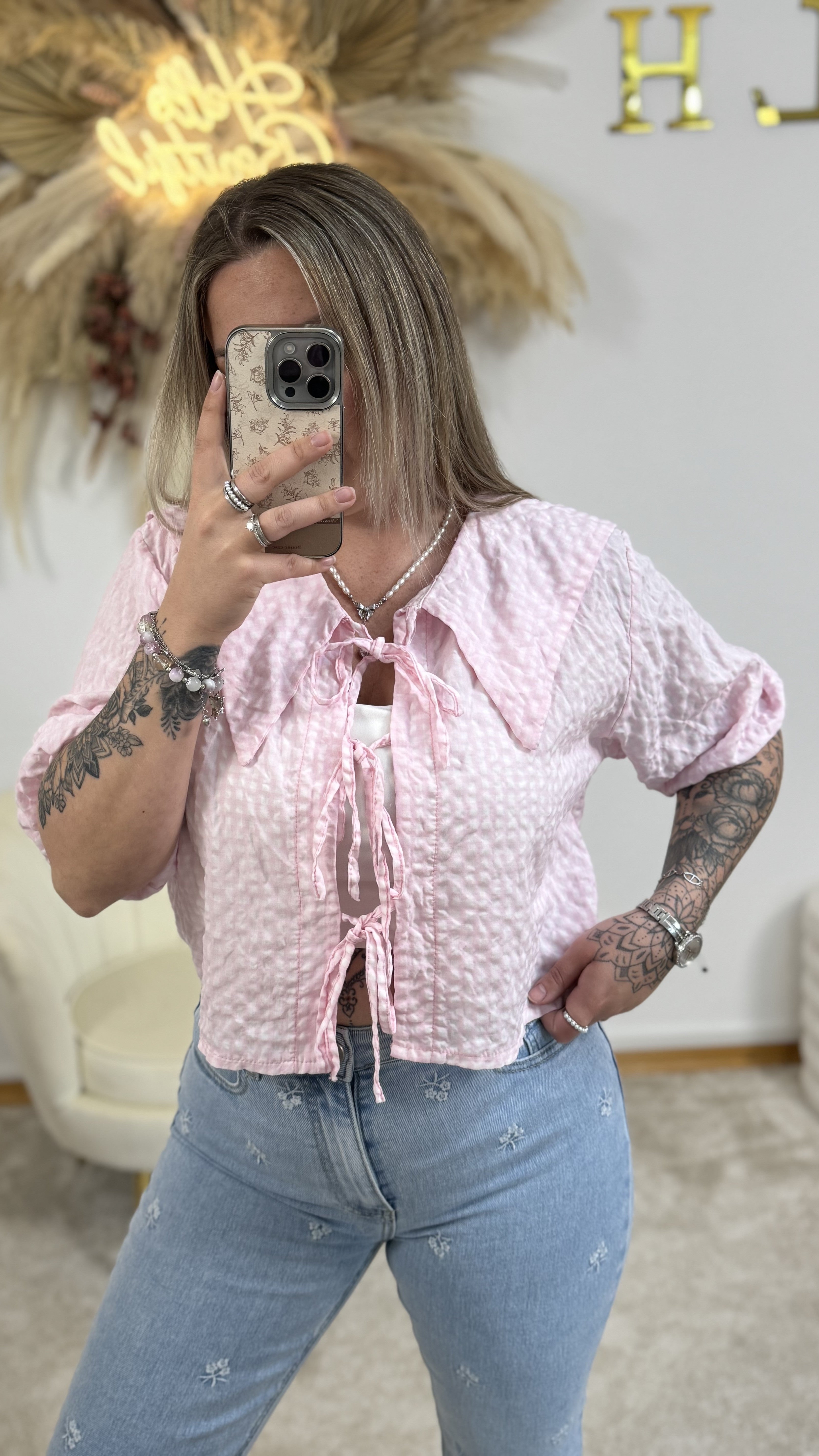 Caro Bluse 3/4 Arm | Rosa/Weiß