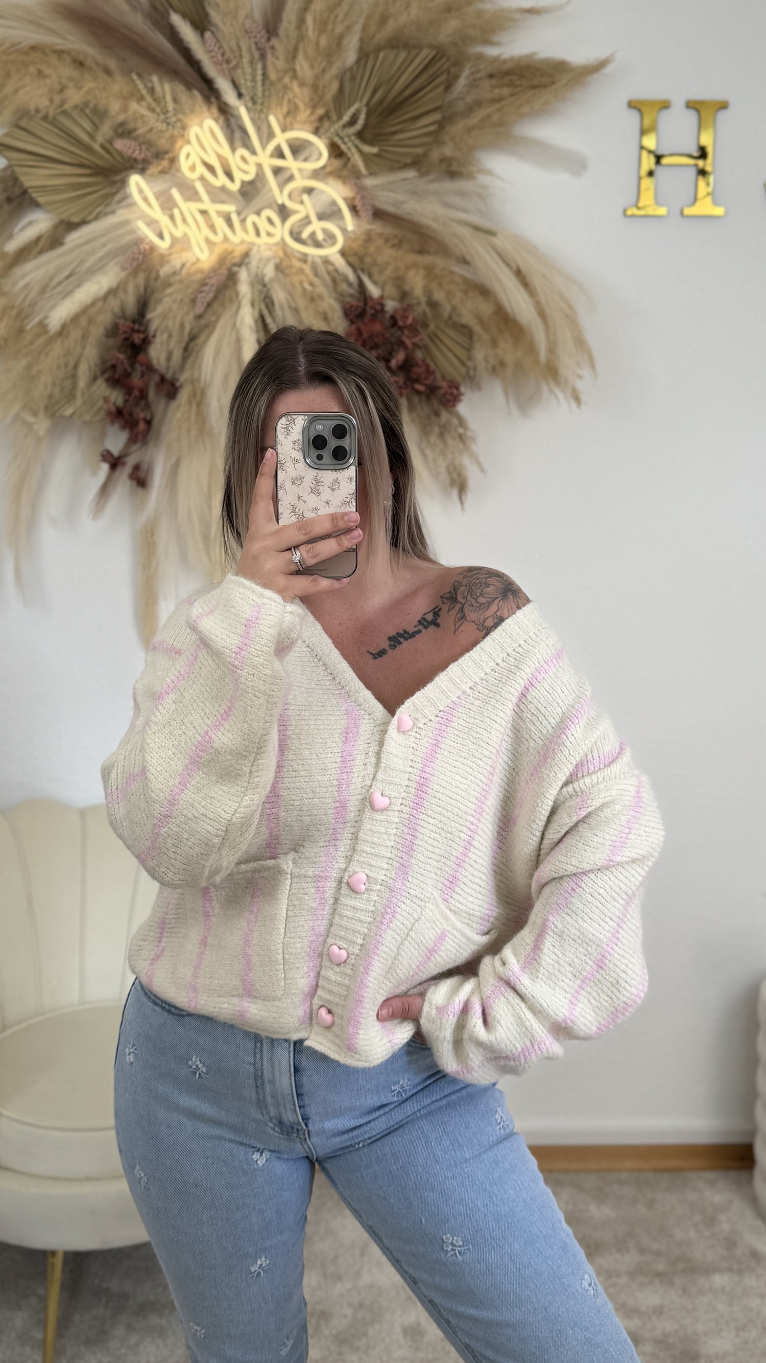 Cardigan Herzknöpfe V-Ausschnitt| Stripes Creme/Rosa