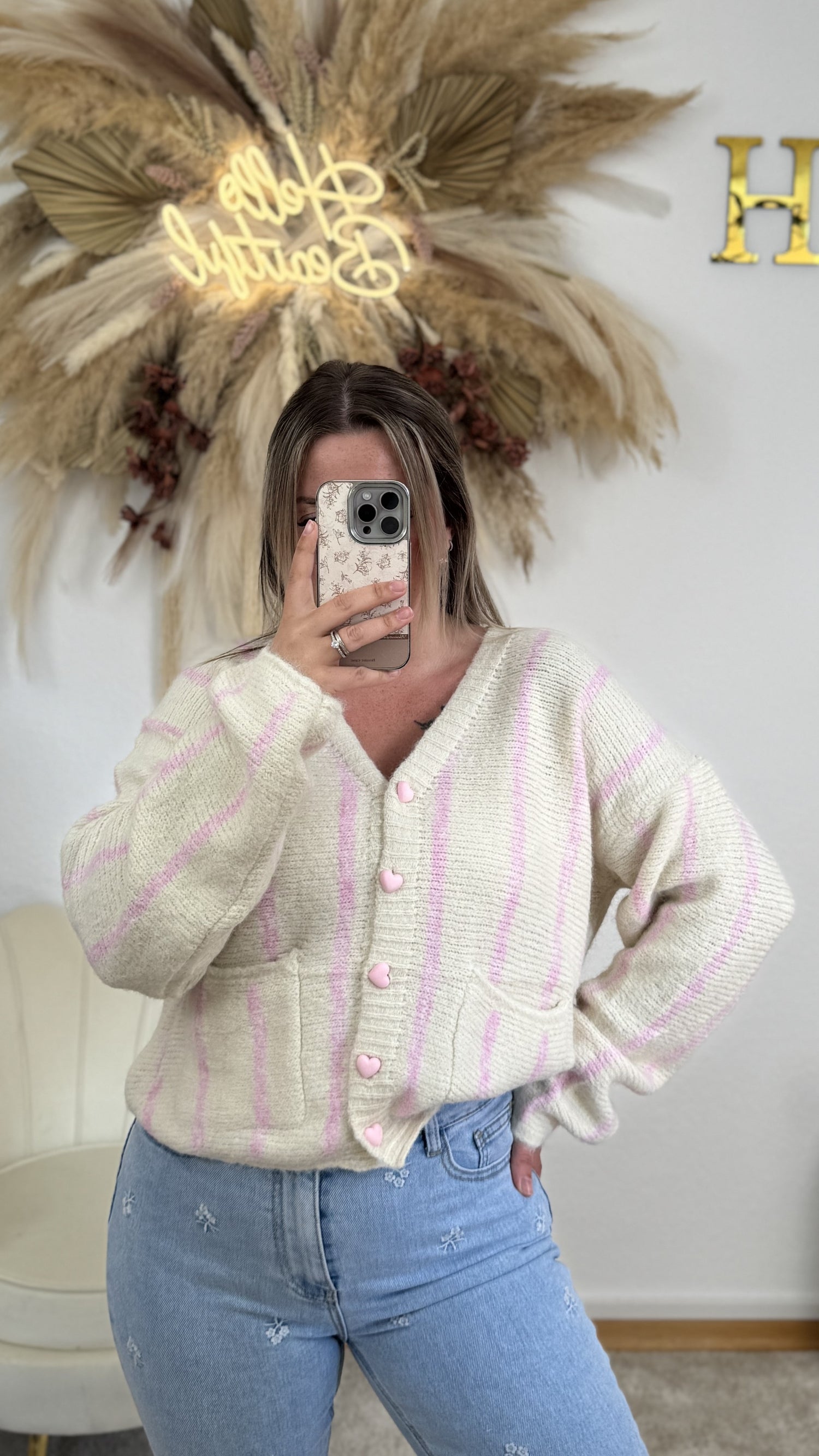 Cardigan Herzknöpfe V-Ausschnitt| Stripes Creme/Rosa