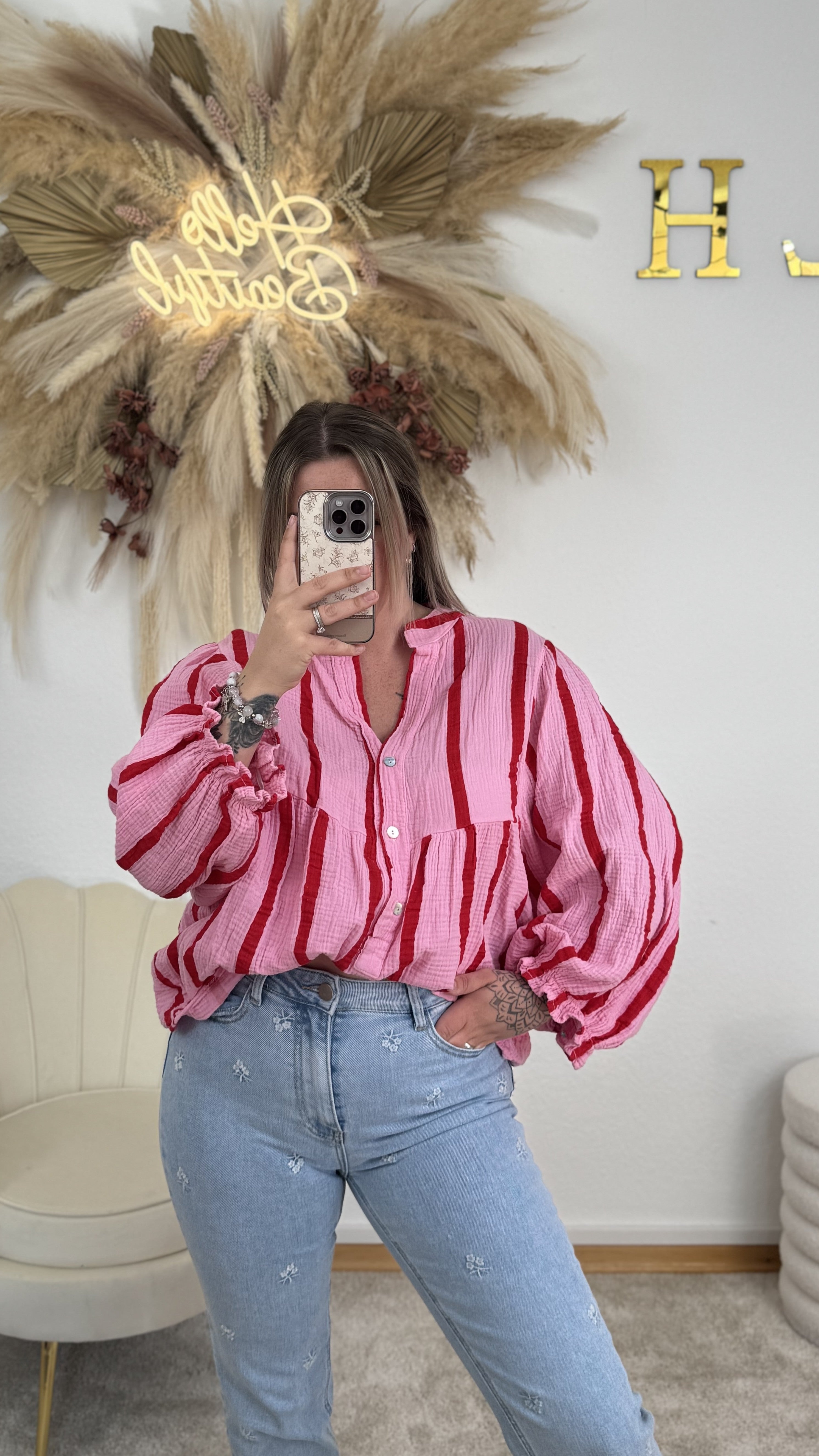 Musselin Tunika Stripes | Rot/Pink