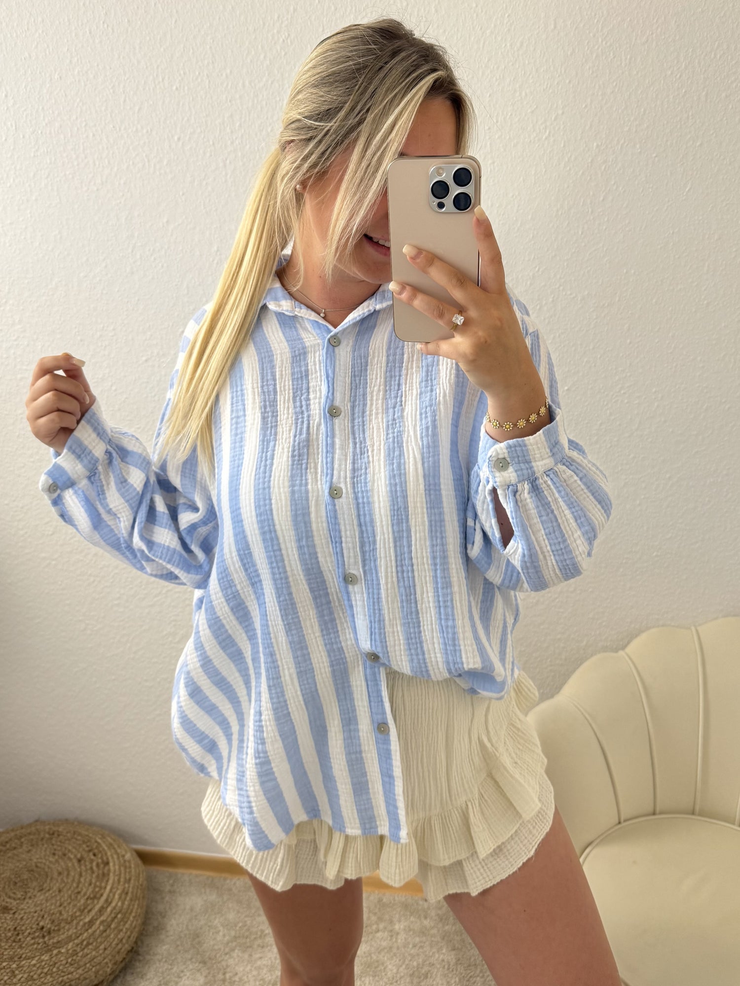 Musselin Bluse | Weiß-Blau