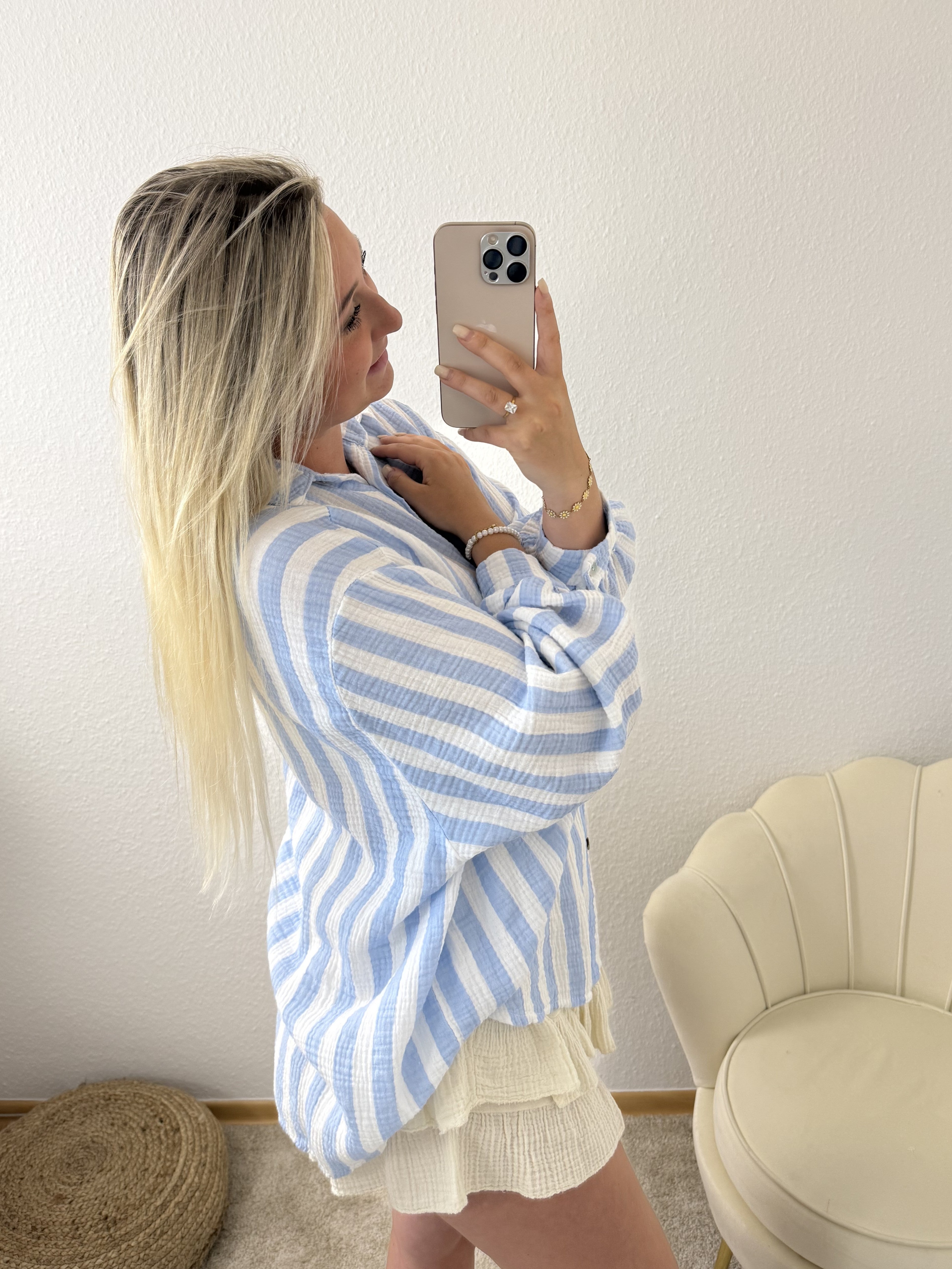 Musselin Bluse | Weiß-Blau